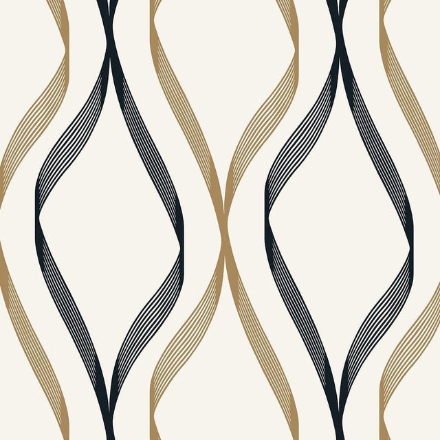 Seabrook Wave Ogee Metallic Gold & Ebony Wallpaper