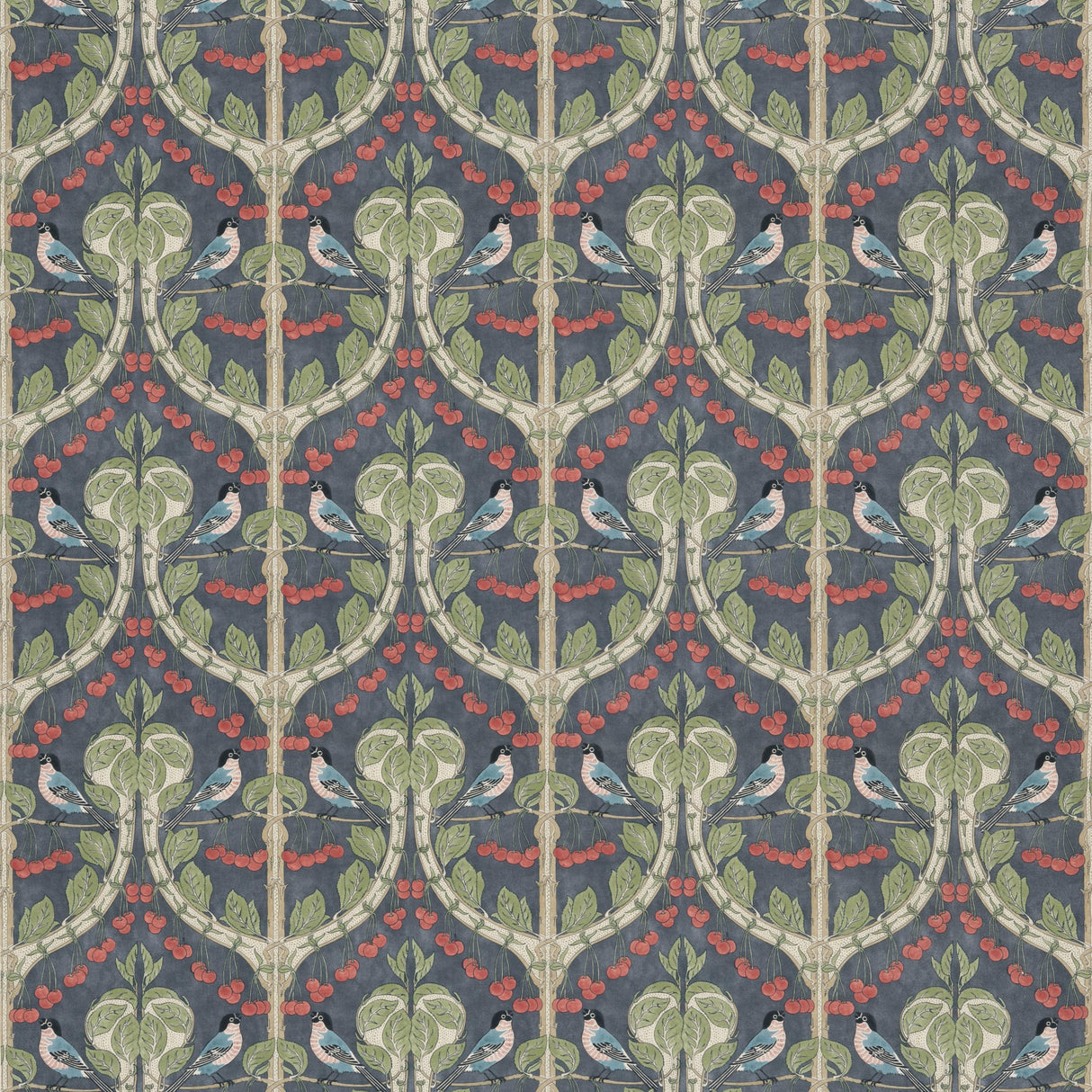 G P & J Baker BIRDS & CHERRIES COTTON INDIGO Fabric