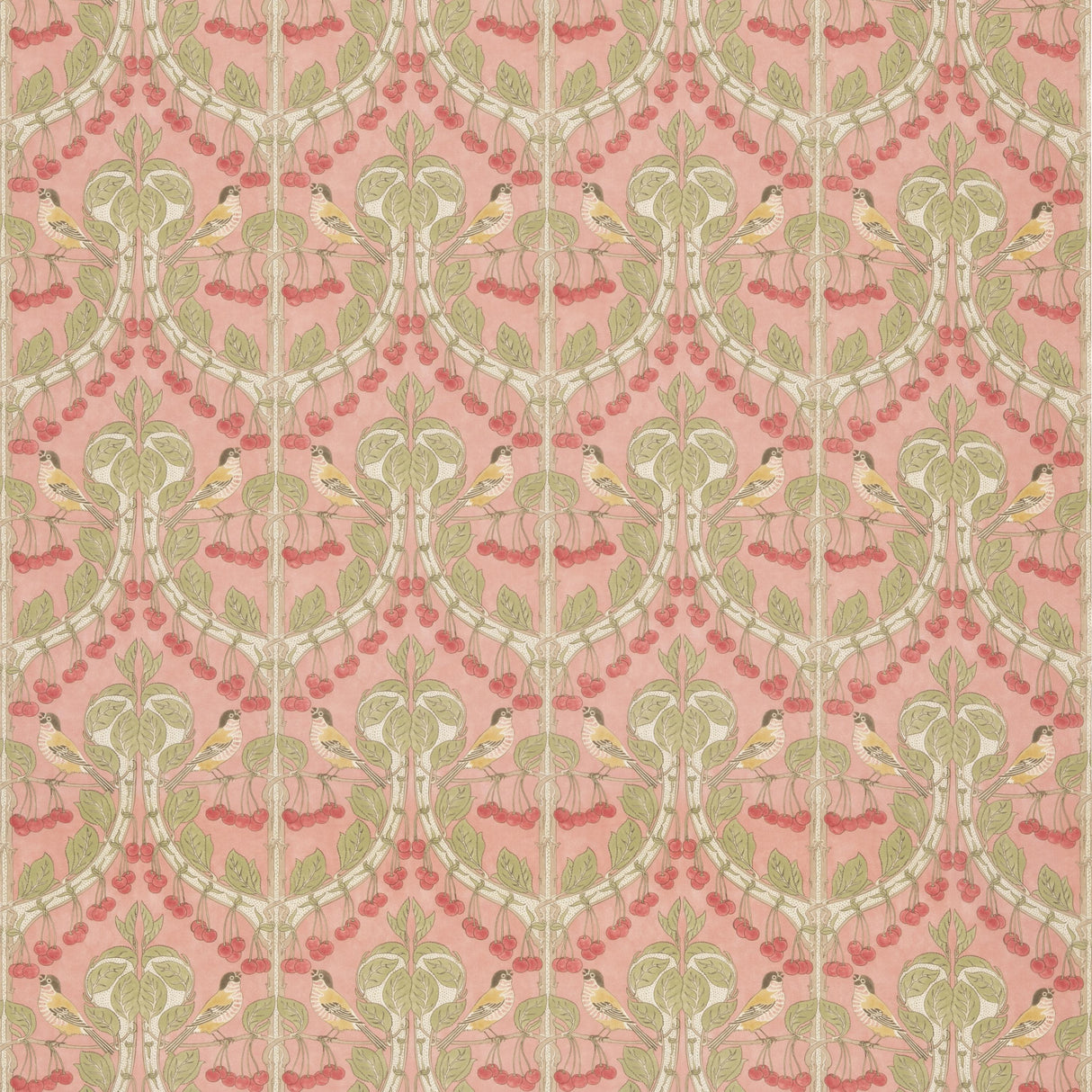 G P & J Baker BIRDS & CHERRIES COTTON CORAL Fabric