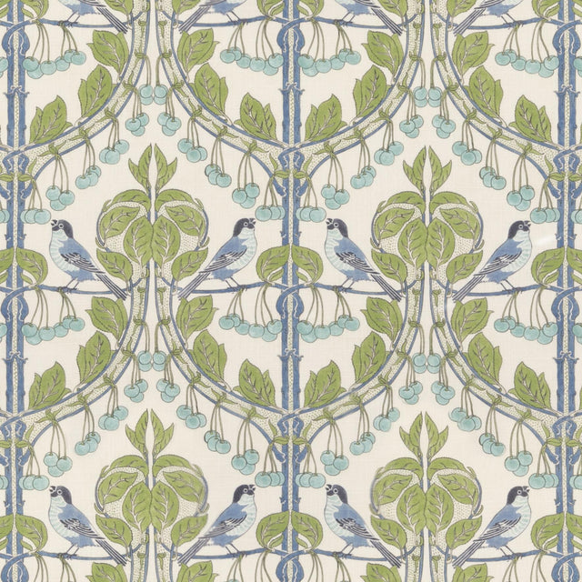 G P & J Baker BIRDS & CHERRIES GREEN/BLUE Fabric