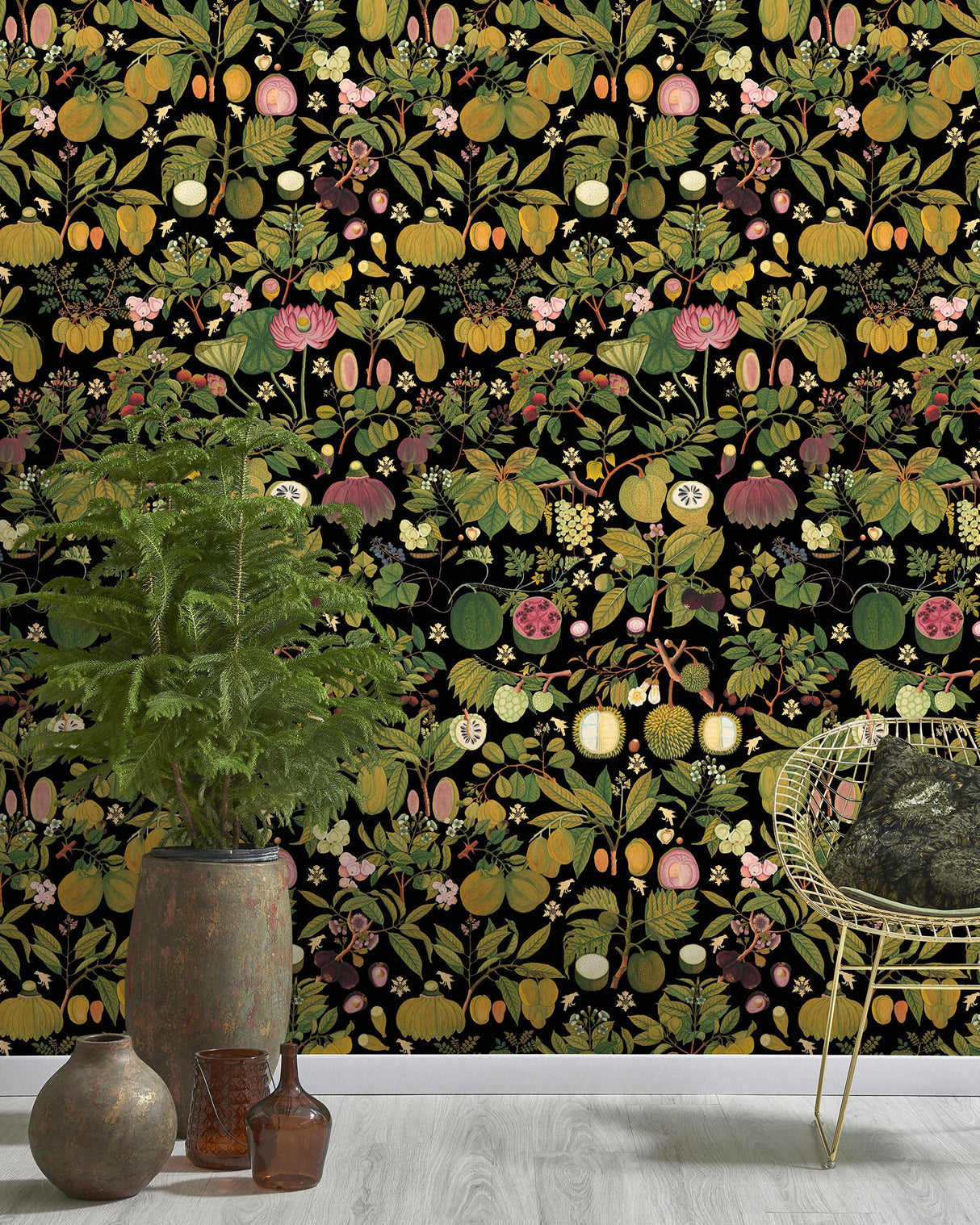 MindTheGap ASIAN FRUITS AND FLOWERS Anthracite FLORILEGIUM Wallpaper