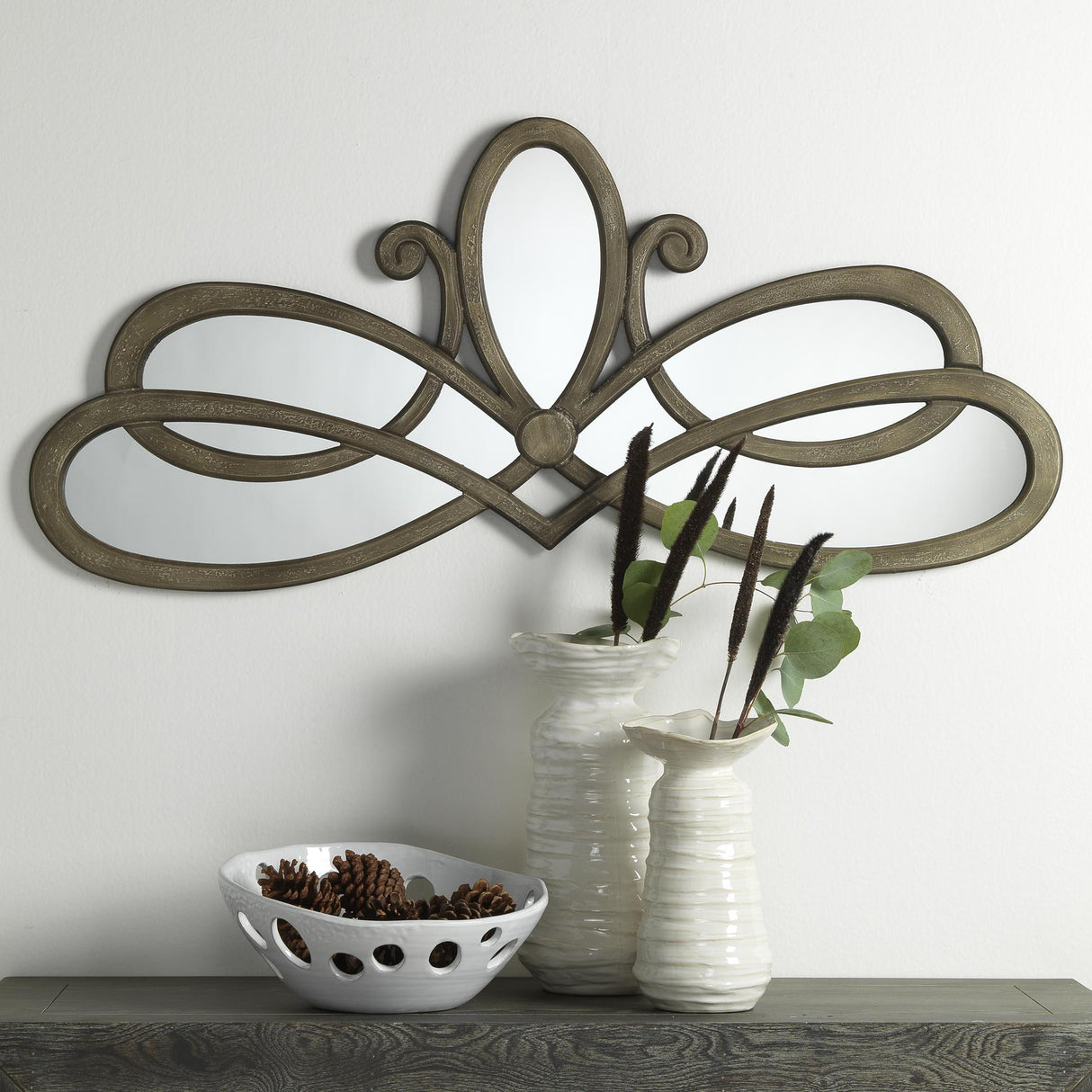 Jamie Young Scroll Wood Wall Mirror, Distressed Grey