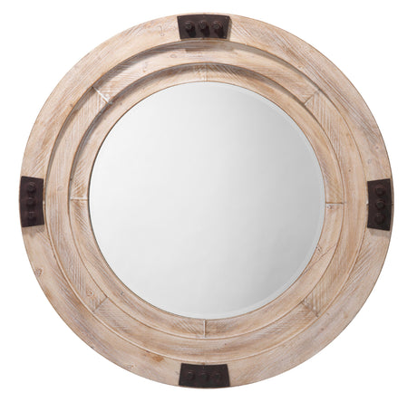 Jamie Young Foreman Wood Round Wall Mirror, White Washed