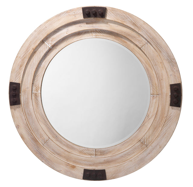 Jamie Young Foreman Wood Round Wall Mirror, White Washed