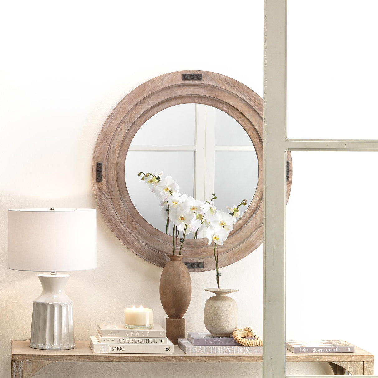 Jamie Young Foreman Wood Round Wall Mirror, White Washed