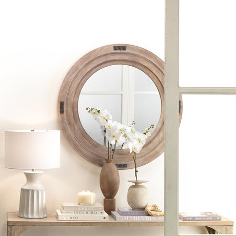 Jamie Young Foreman Wood Round Wall Mirror, White Washed