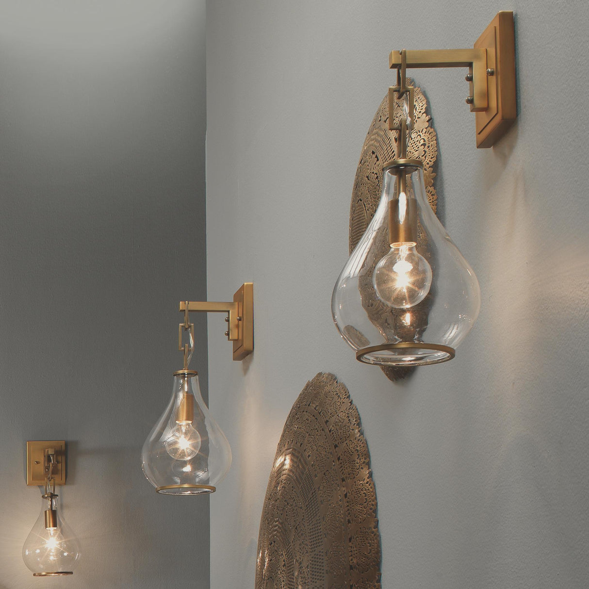 Jamie Young Tear Drop Hanging Wall Sconce, Clear Glass and Antique Brass