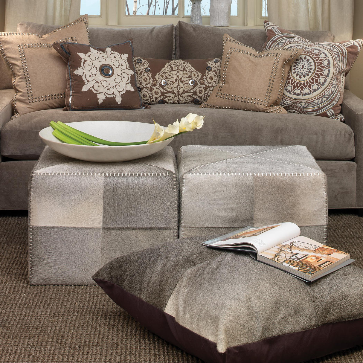 Jamie Young Grey Hair on Hide Ottoman, Large