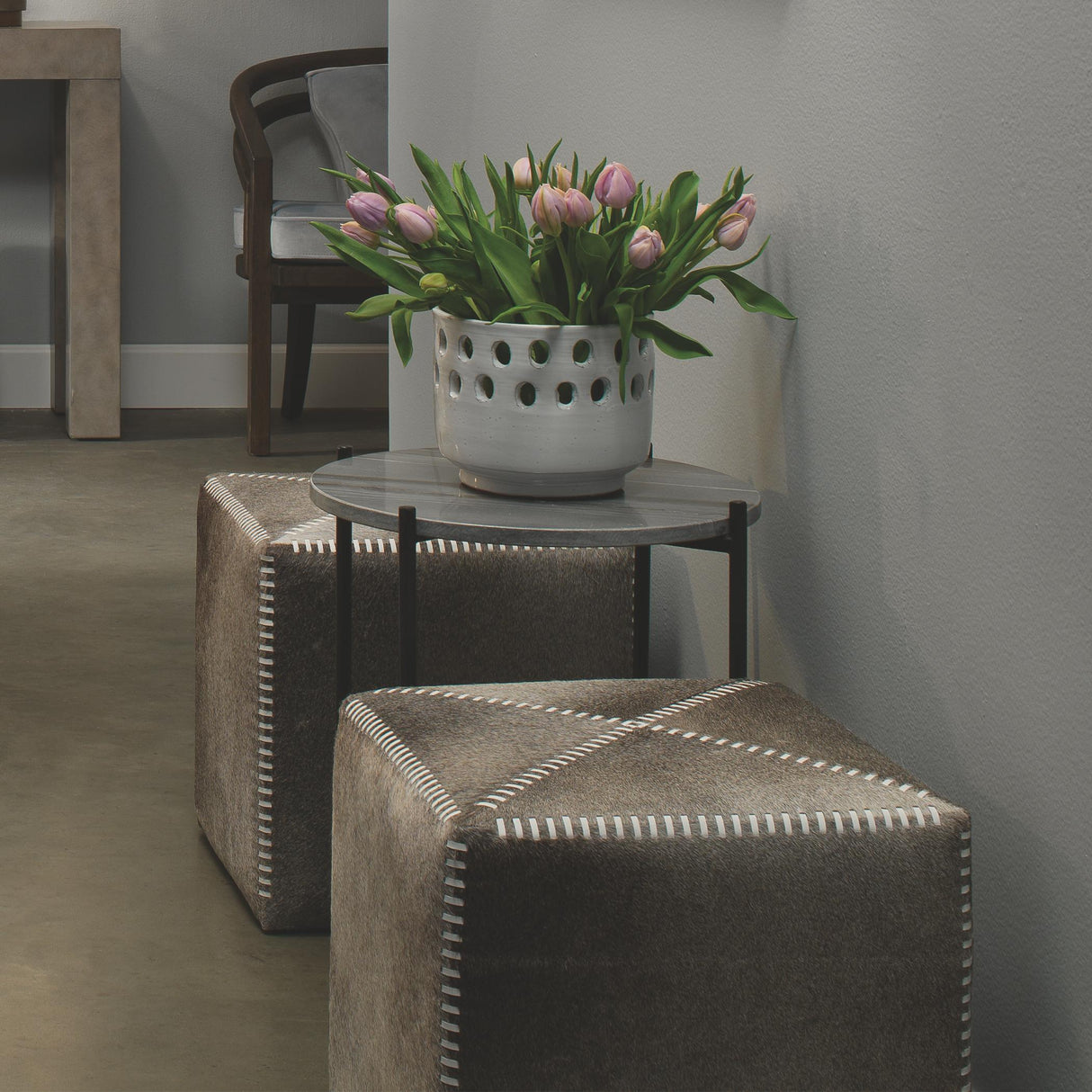 Jamie Young Grey Hair on Hide Ottoman, Small