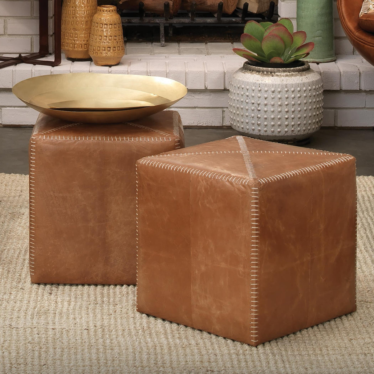 Jamie Young Buff Leather Ottoman, Small