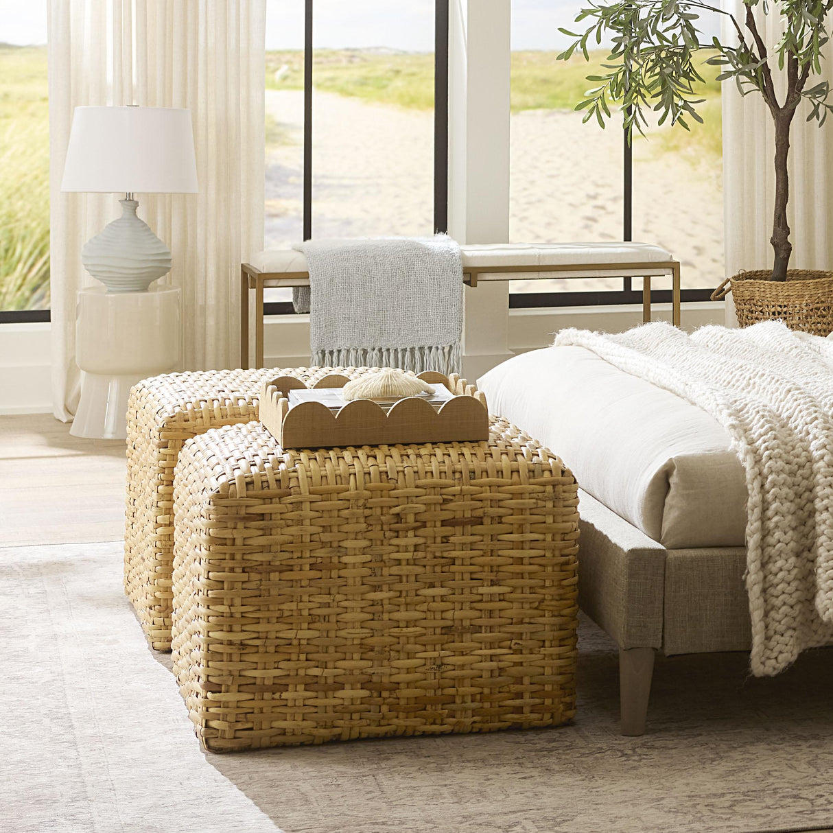 Jamie Young Hand-woven Natural Rattan Large Ottoman