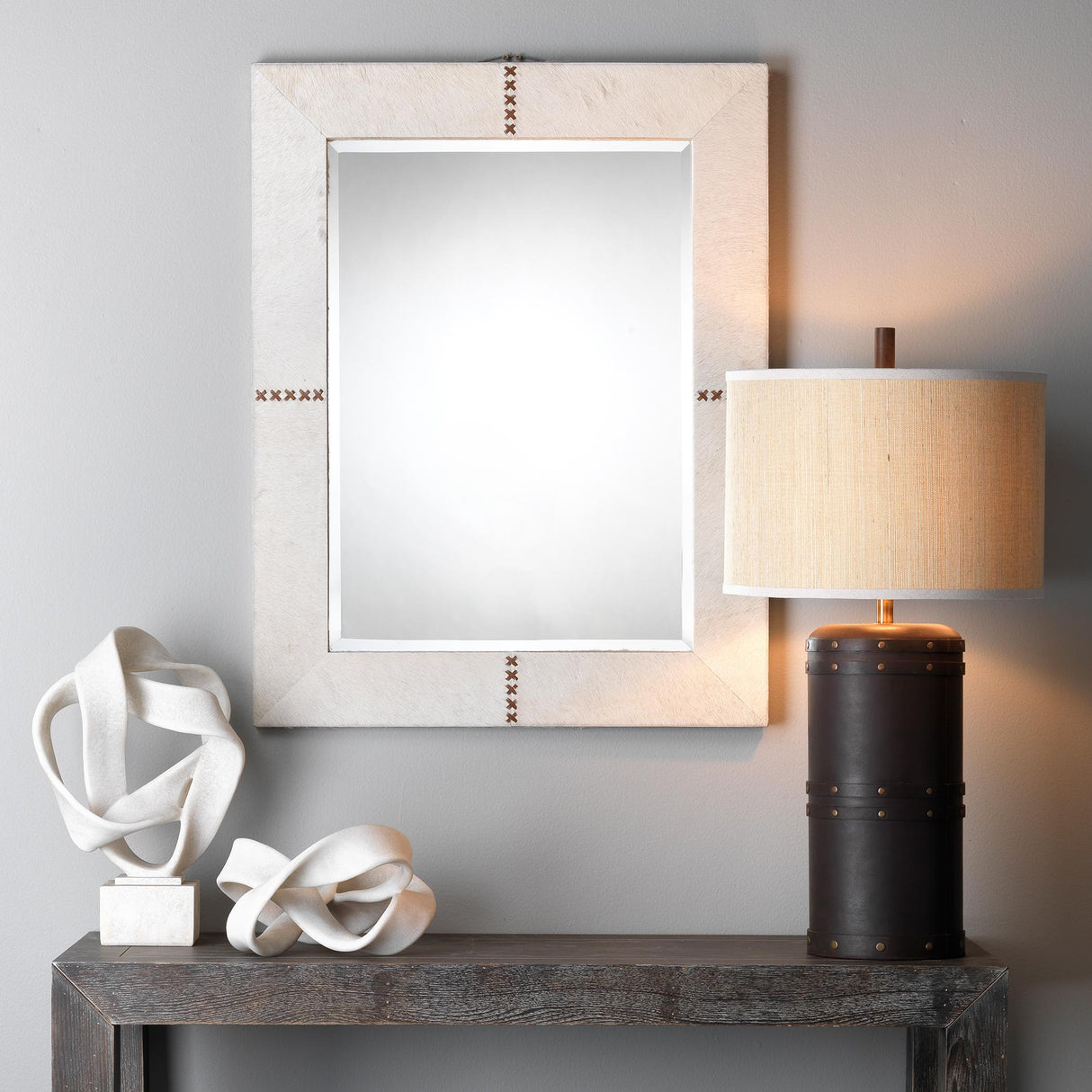 Jamie Young Barrell Leather Table Lamp with Elephant Hemp Shade