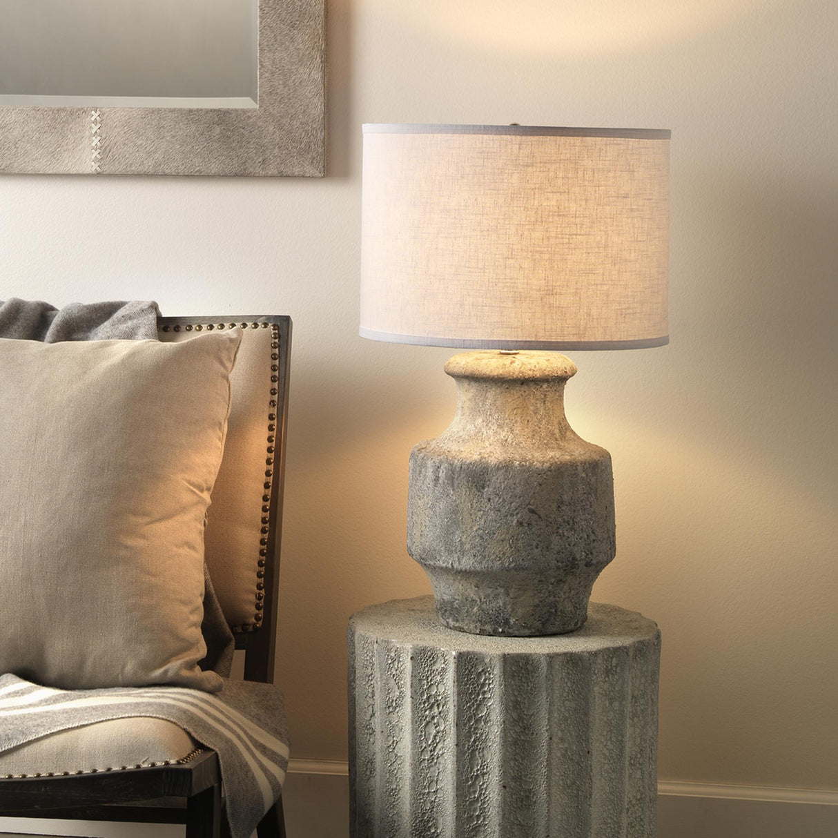 Jamie Young Masonry Ceramic Table Lamp with Linen Shade, Grey