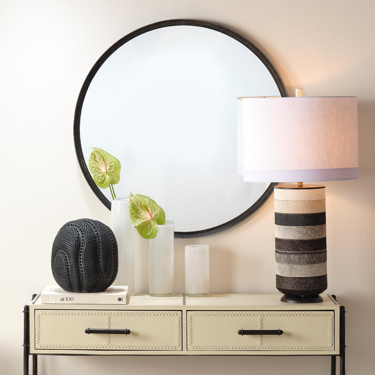 Jamie Young Winslow Hide Table Lamp with Linen Shade, Grey and White