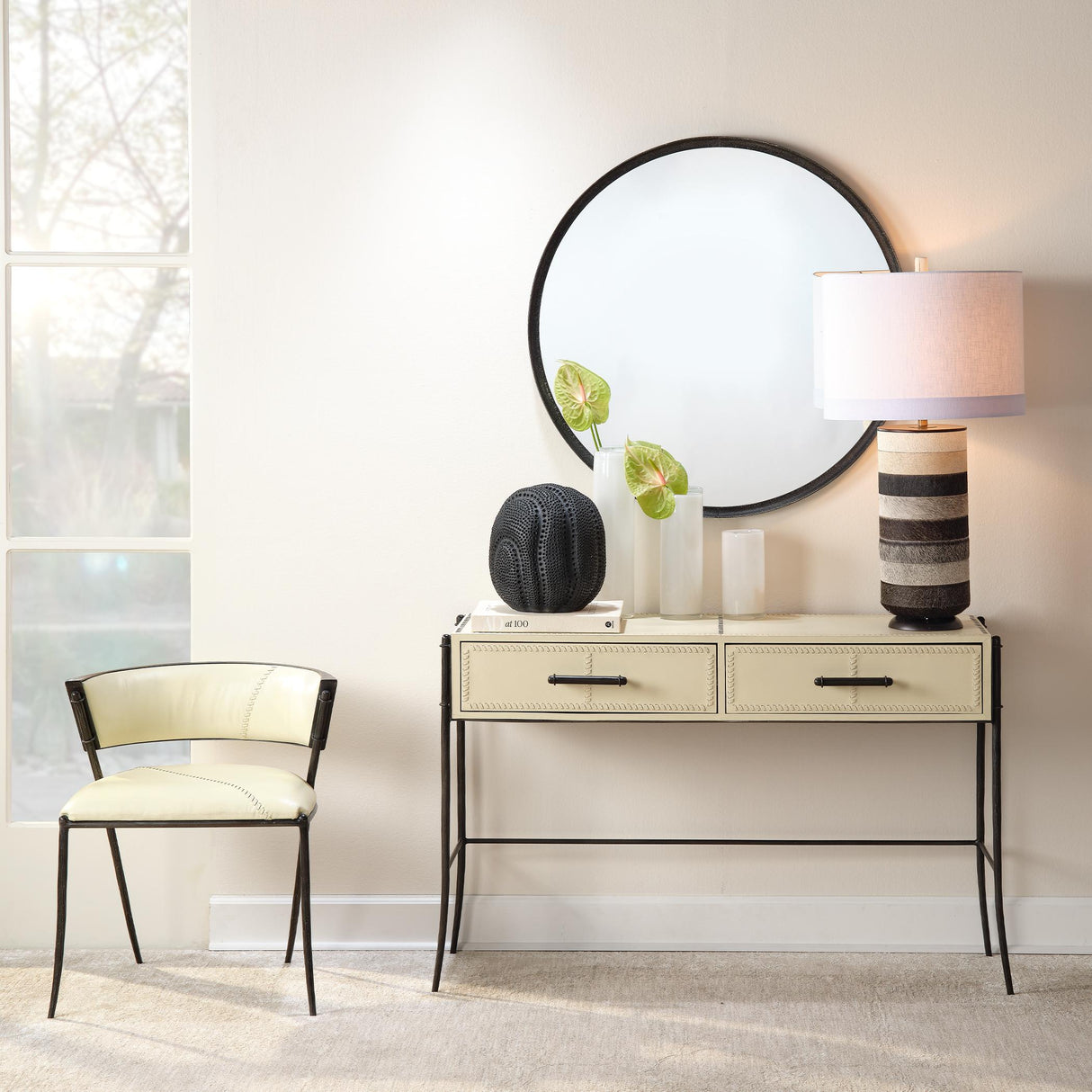 Jamie Young Winslow Hide Table Lamp with Linen Shade, Grey and White