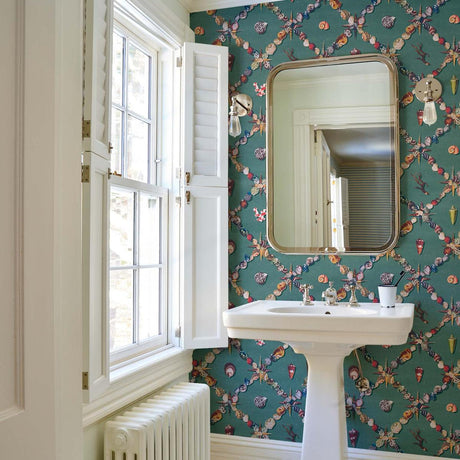 Schumacher Grotto Treillage Multi On Teal Wallpaper