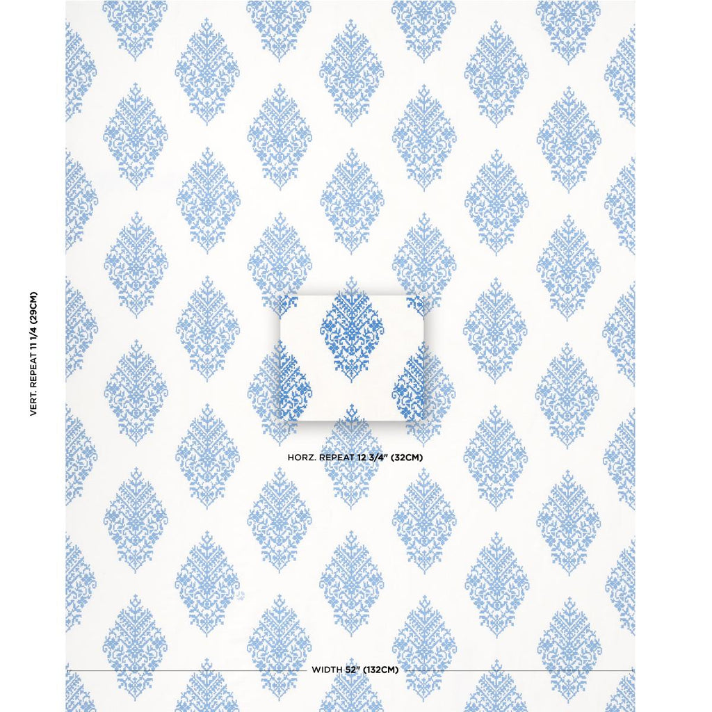 Schumacher Zinda Embroidery Blue On Ivory Fabric