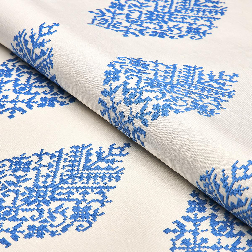 Schumacher Zinda Embroidery Blue On Ivory Fabric