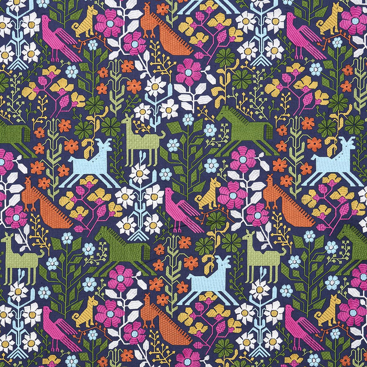 Schumacher Lupita Embroidery Multi On Navy Fabric