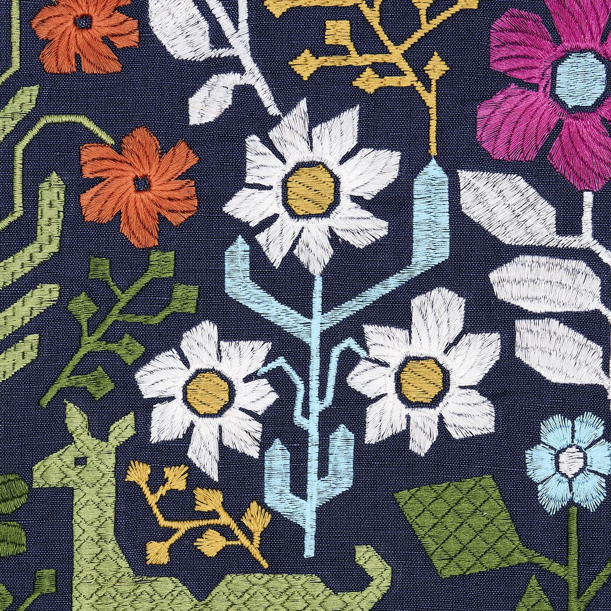 Schumacher Lupita Embroidery Multi On Navy Fabric