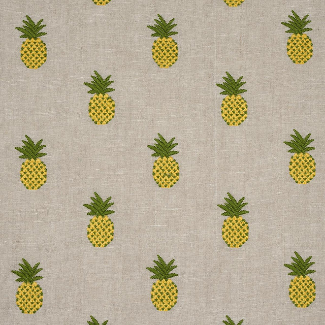 Schumacher Pineapple Embroidery Green On Natural Fabric