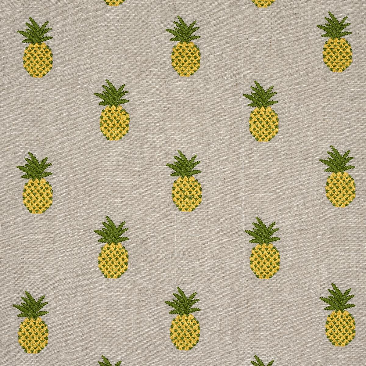 Schumacher Pineapple Embroidery Green On Natural Fabric