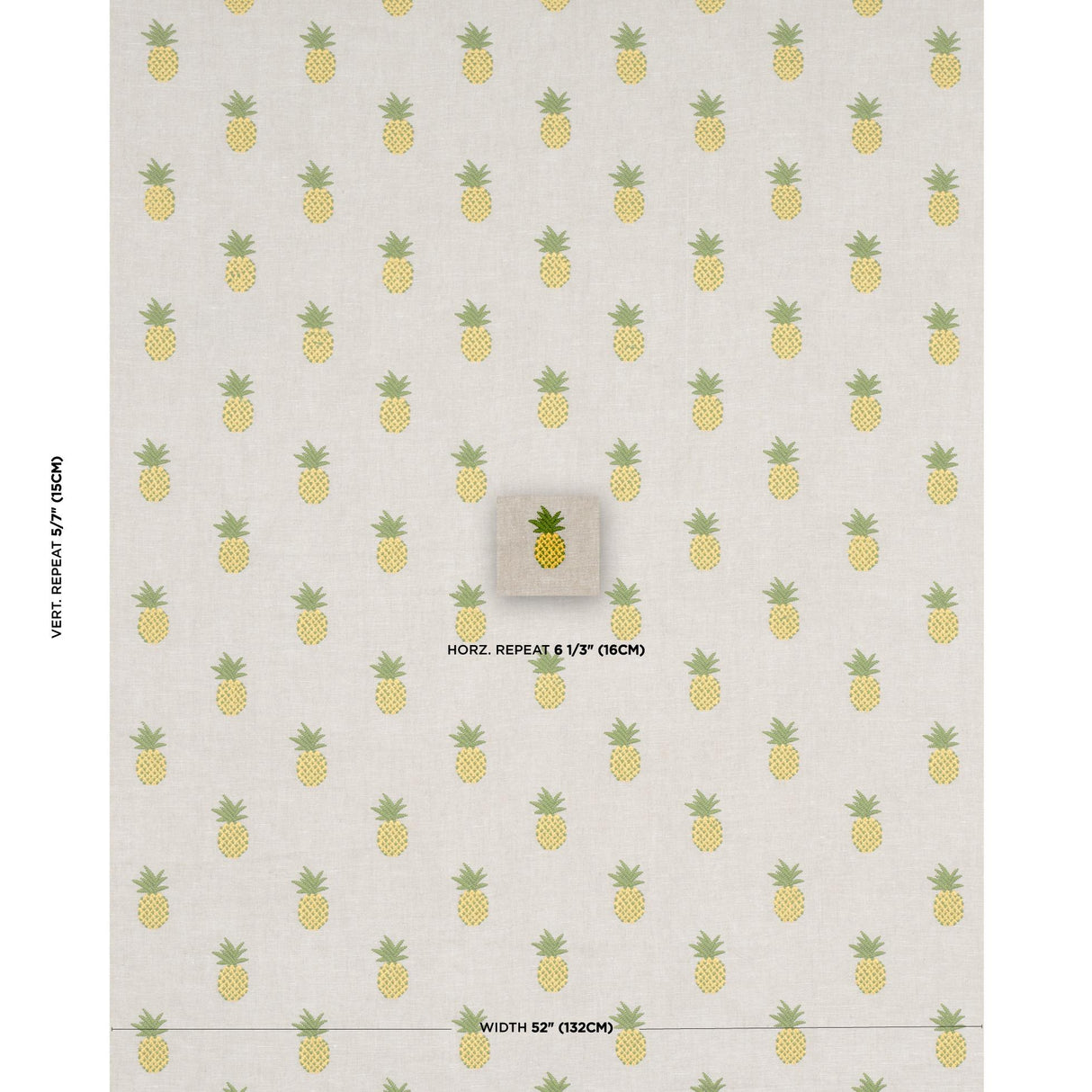 Schumacher Pineapple Embroidery Green On Natural Fabric