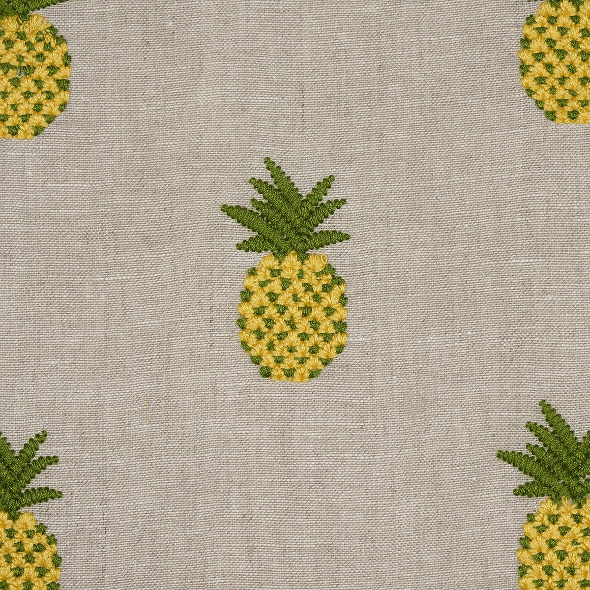 Schumacher Pineapple Embroidery Green On Natural Fabric