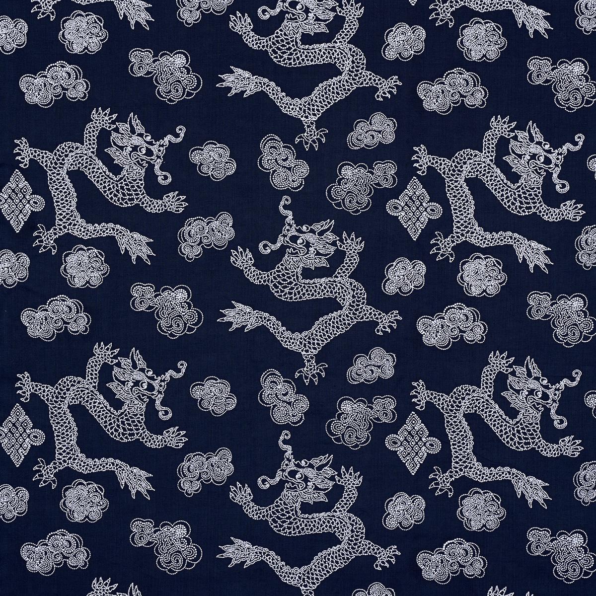 Schumacher Dragon Embroidery Navy Fabric