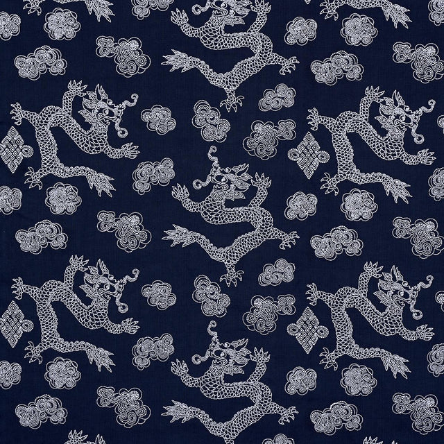 Schumacher Dragon Embroidery Navy Fabric