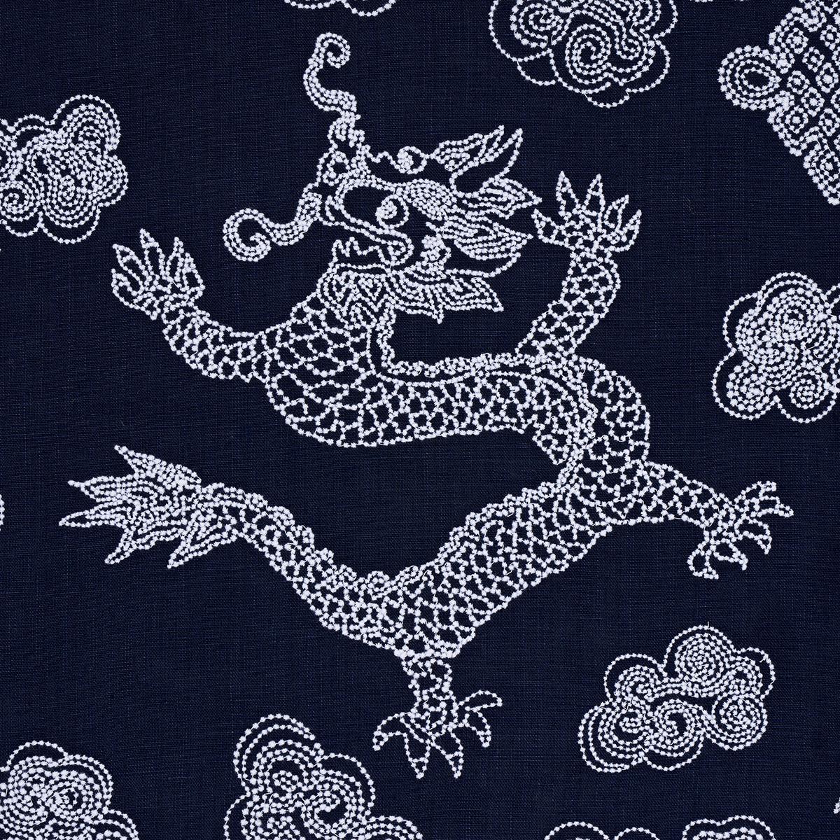 Schumacher Dragon Embroidery Navy Fabric