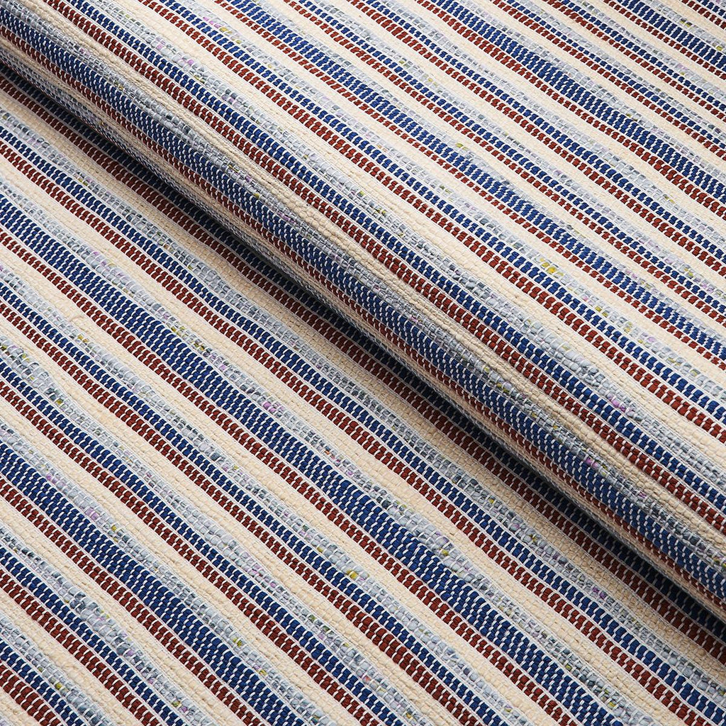 Schumacher Rag Rug Hand Woven Stripe Indigo & Mocha Fabric