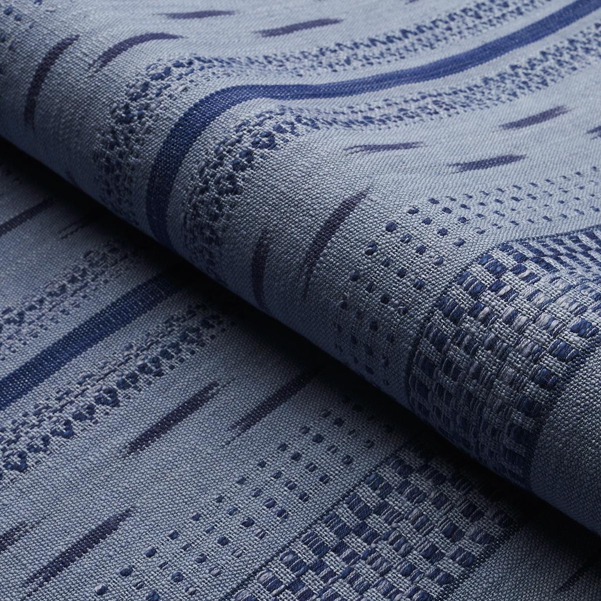 Schumacher Mirza Ikat Stripe Indigo On Chambray Fabric