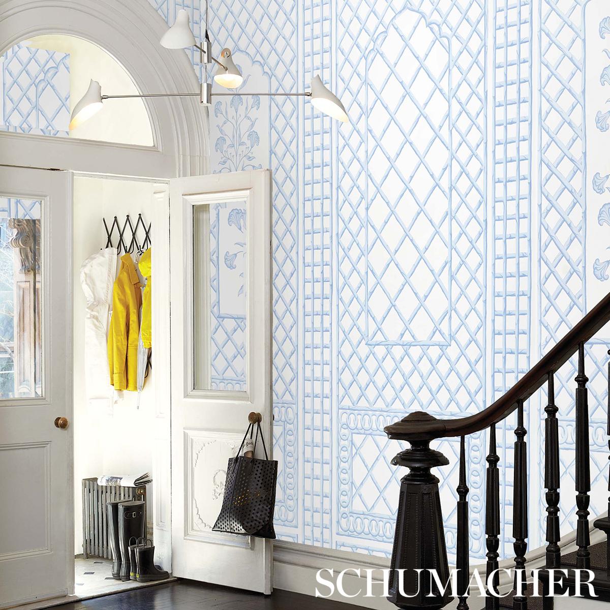 Schumacher Bamboo Trellis Panel A Blue Wallpaper