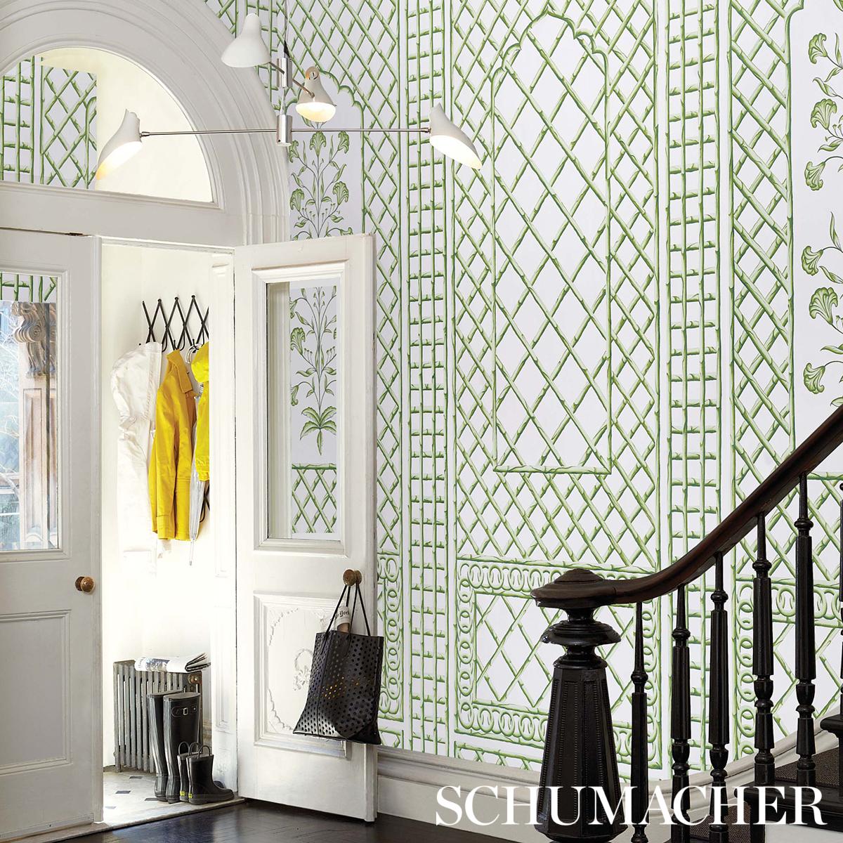 Schumacher Bamboo Trellis Panel B Green Wallpaper