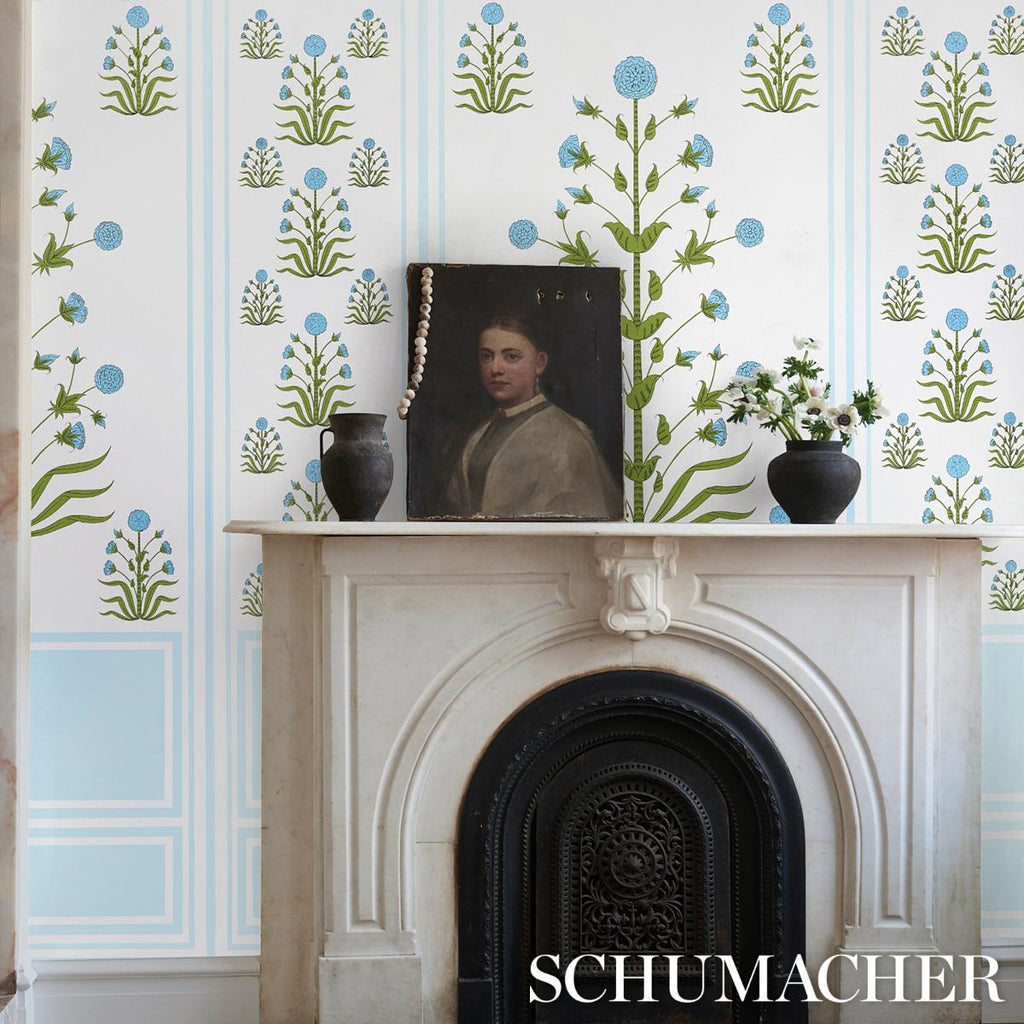 Schumacher Royal Poppy Panel A Blue Wallpaper