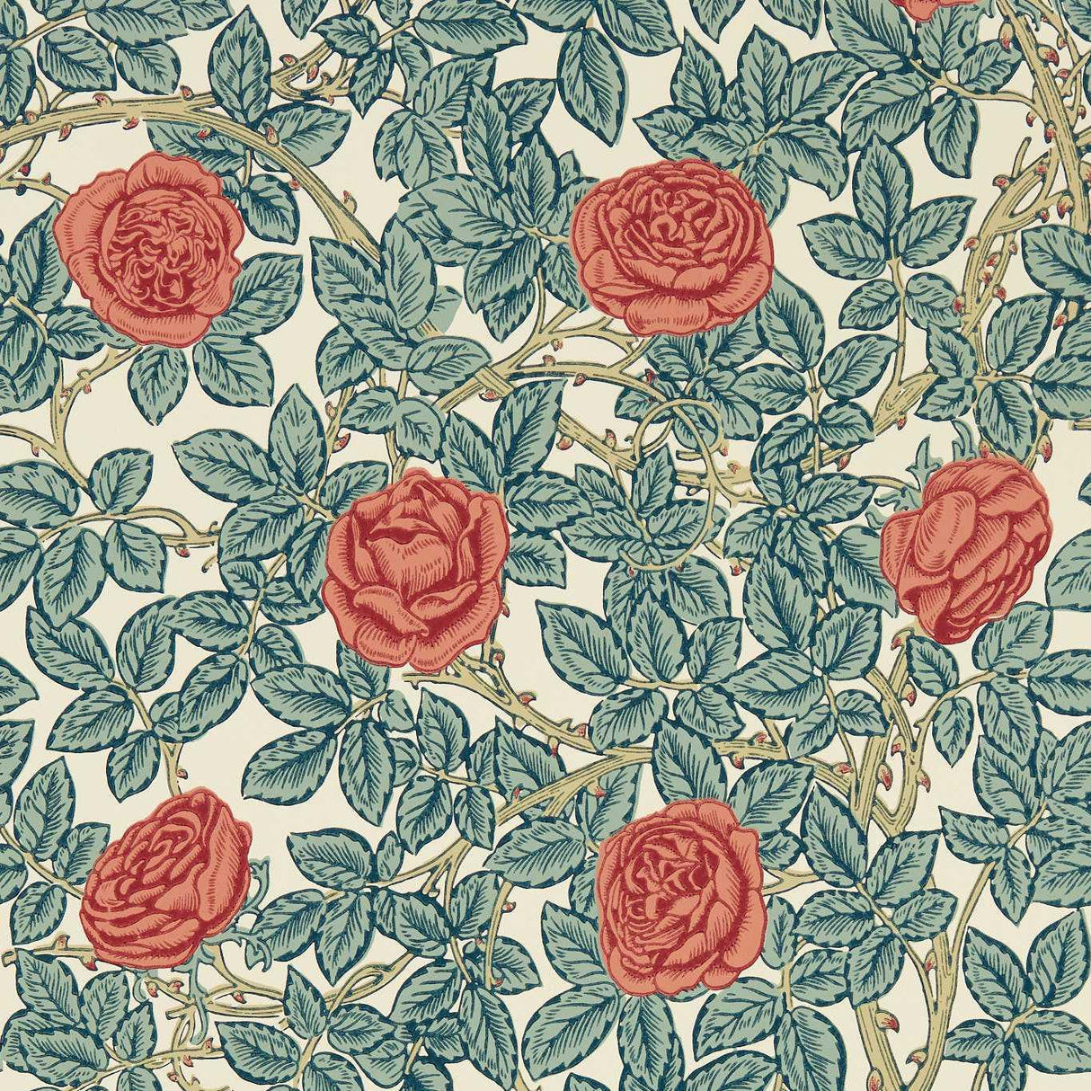 Morris & Co Rambling Rose Emery Blue/Spring Thicket Wallpaper