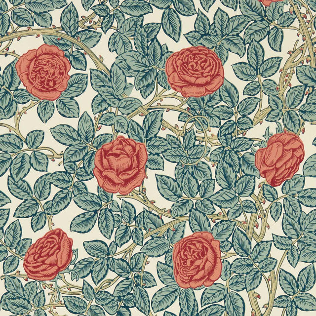 Morris & Co Rambling Rose Emery Blue/Spring Thicket Wallpaper