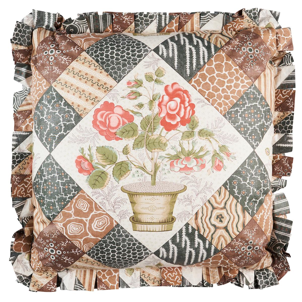 Schumacher Rose And Chocolate 18" x 18" Caldwell Patchwork Chintz Pillow