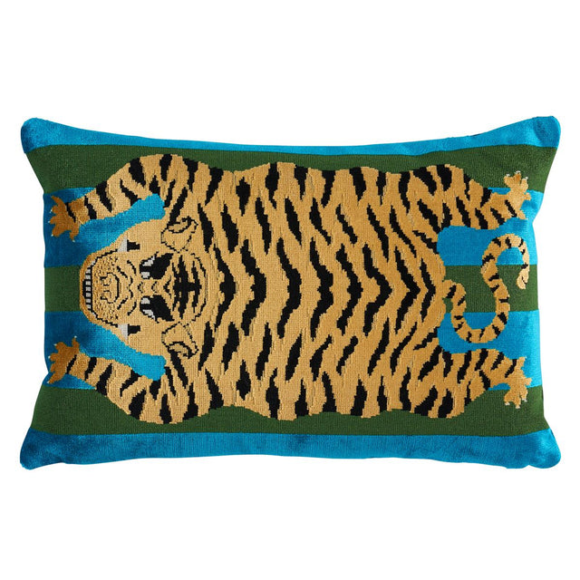 Schumacher Peacock & Olive 20" x 14" Jokhang Tiger Velvet Pillow