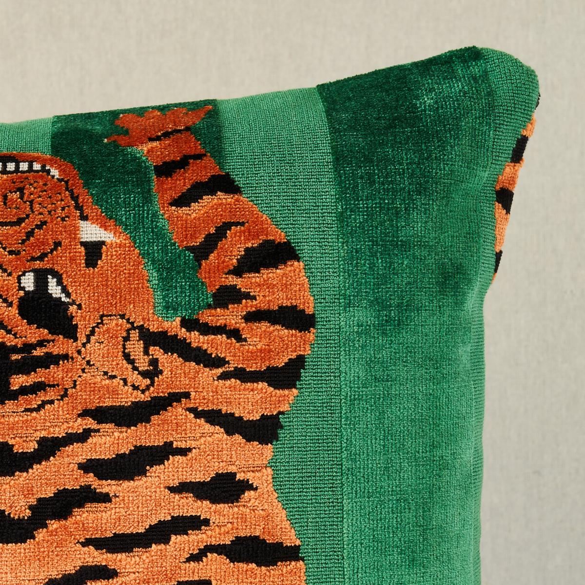 Schumacher Green 18" x 18" Jokhang Tiger Velvet Pillow