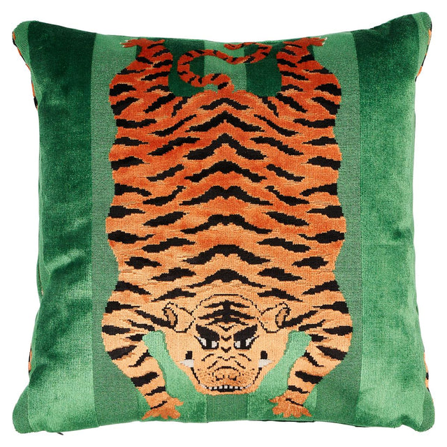 Schumacher Green 18" x 18" Jokhang Tiger Velvet Pillow
