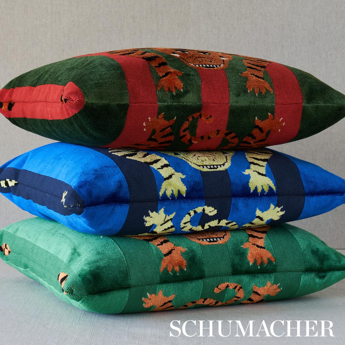 Schumacher Blue 18" x 18" Jokhang Tiger Velvet Pillow
