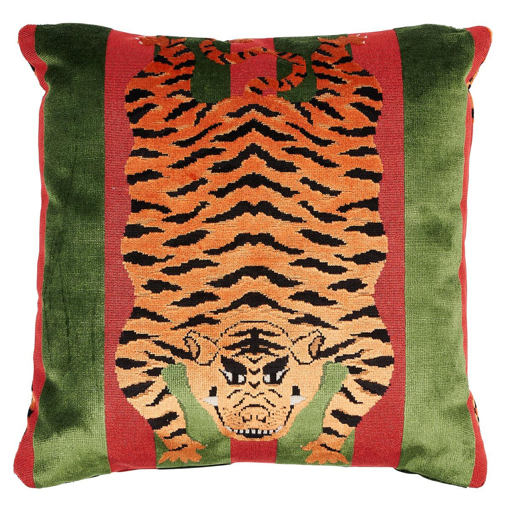 Schumacher Jokhang Tiger Velvet Red & Green 18" x 18" Pillow