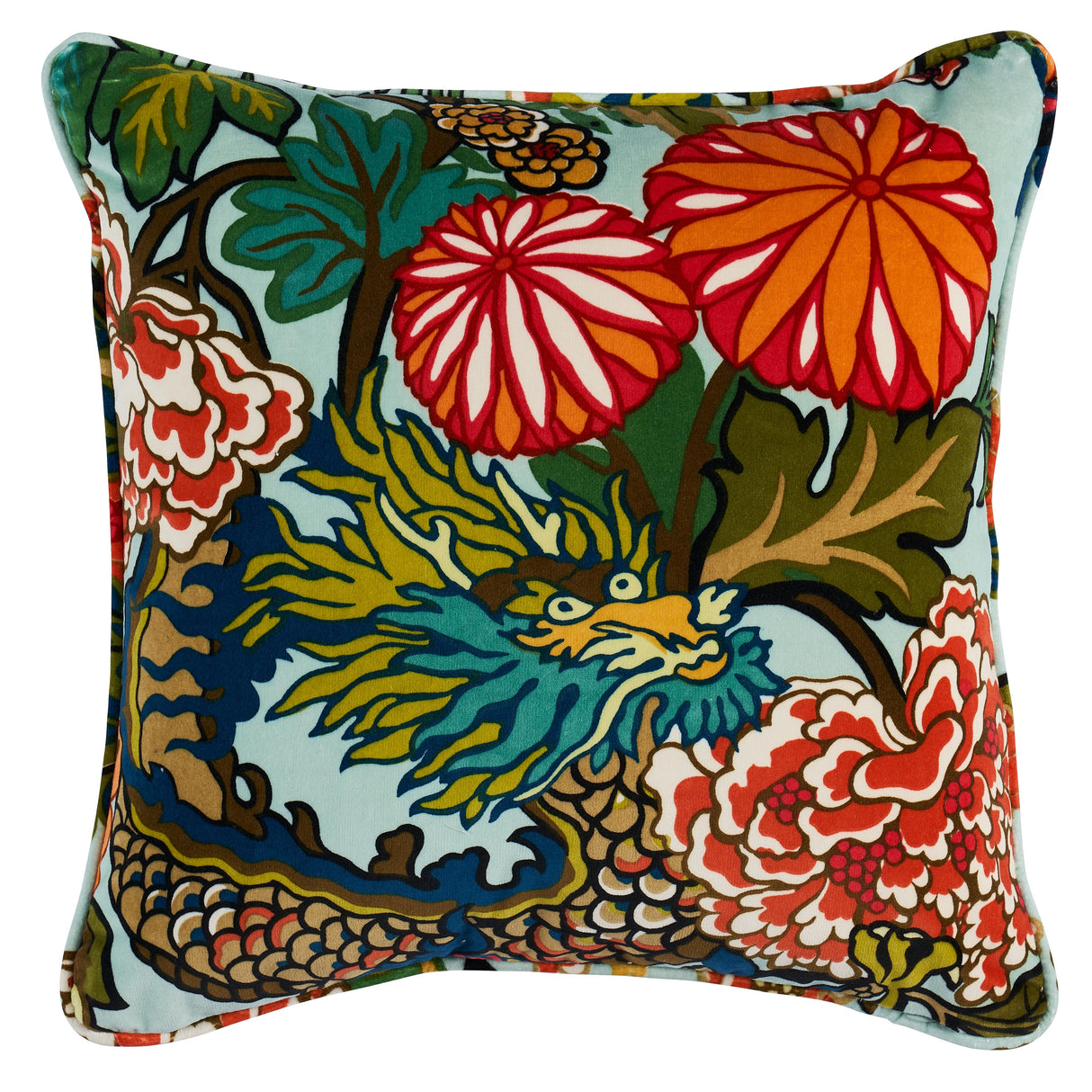 Schumacher Aquamarine 18" x 18" Chiang Mai Dragon Velvet Pillow