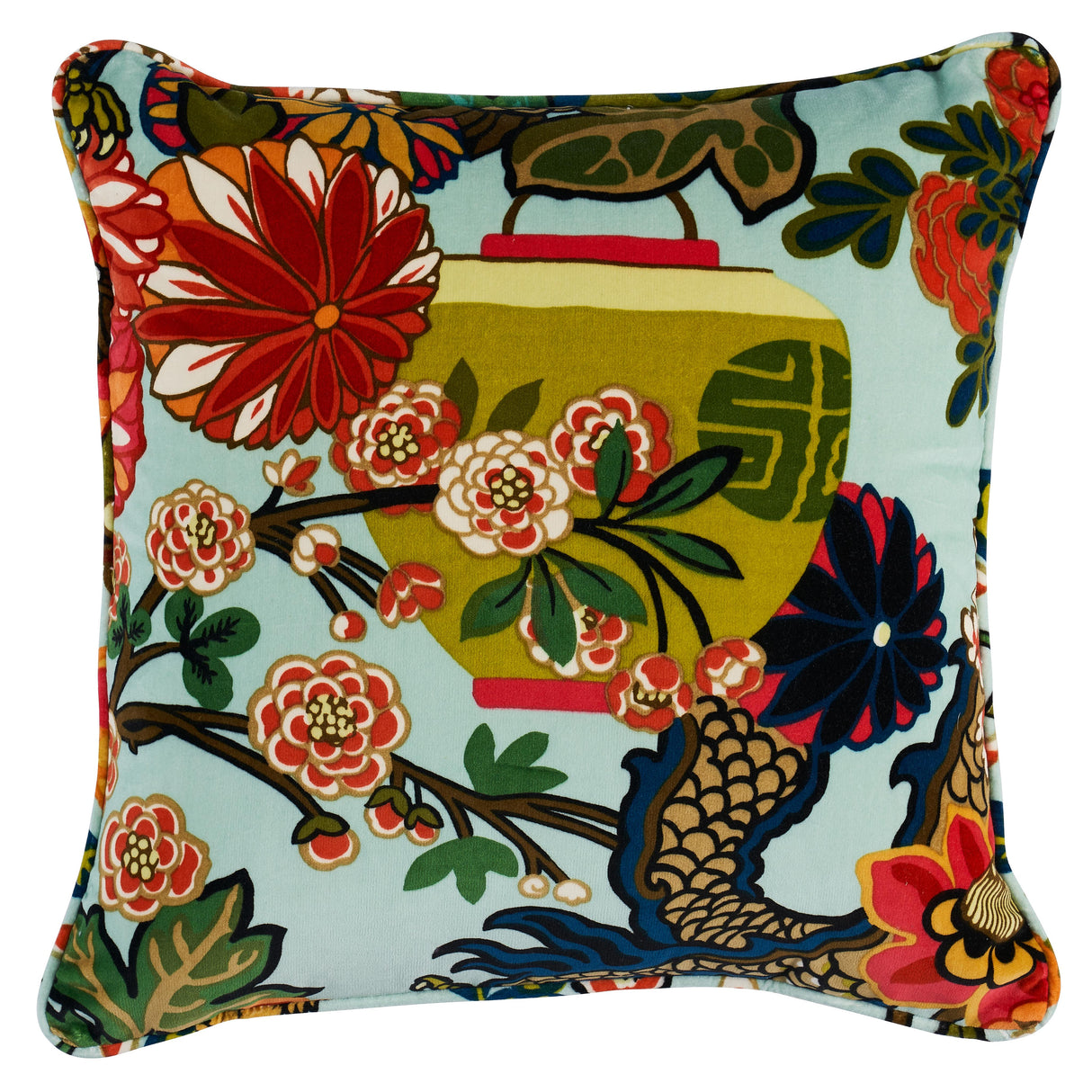 Schumacher Aquamarine 18" x 18" Chiang Mai Dragon Velvet Pillow