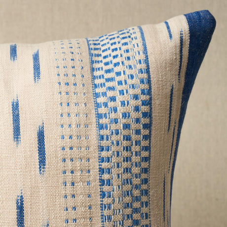 Schumacher Blue On Natural 22" x 22" Mirza Ikat Stripe Pillow
