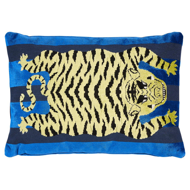 Schumacher Blue 20" x 14" Jokhang Tiger Velvet Pillow