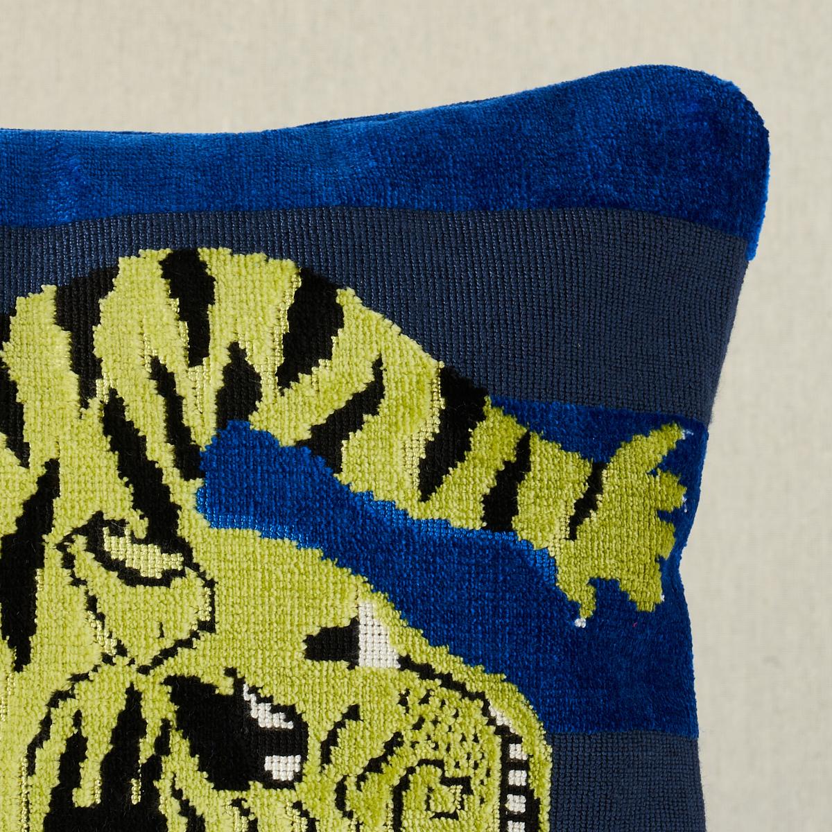 Schumacher Blue 20" x 14" Jokhang Tiger Velvet Pillow