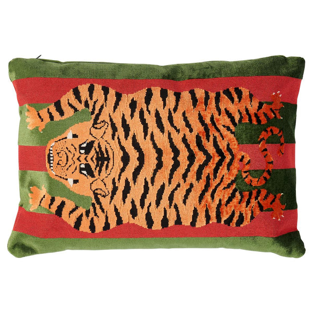 Schumacher Red & Green 20" x 14" Jokhang Tiger Velvet Pillow